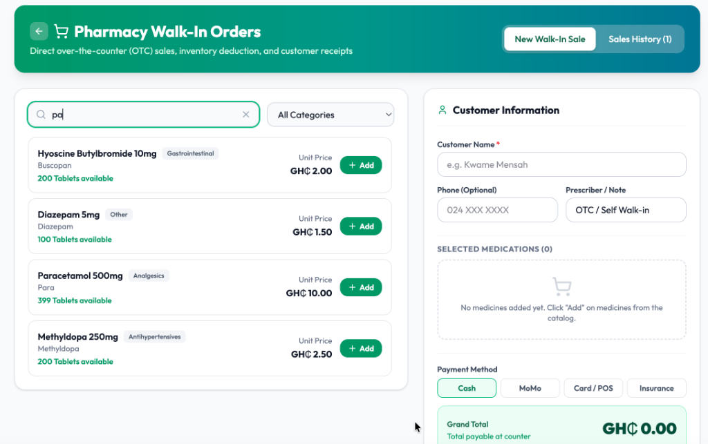 Pharmacy Walk-In Orders in EMR Ghana